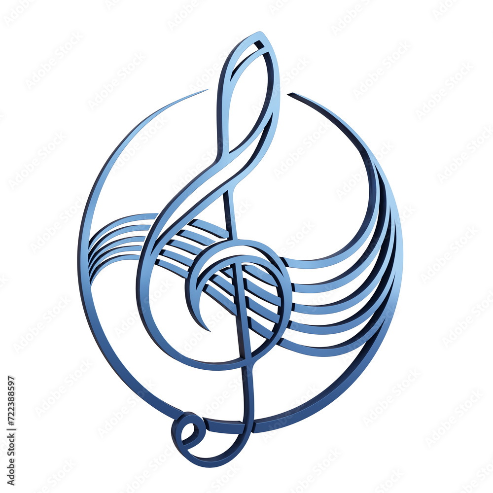 Logo of a treble clef. Metallic material. 3D render, PNG file. Logo of a treble clef. Metallic material. 3D render, PNG file.