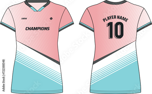 Women Sports Jersey t-shirt flat sketch design illustration with abstract Stripe pattern suitable for girls and Ladies for Volleyball jersey, Football, Soccer and netball, Sport uniform kit for sports
