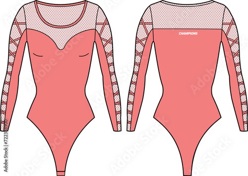 Women Bodysuit active wear design flat sketch fashion Illustration, Long sleeve Snap Leotard swimsuit suitable for girls and Ladies . Bodycon Swimwear active clothing.