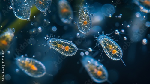 Microscopic water insects, tiny water fleas or aquatic larvae, microscopic world within a droplet of water, macro view.