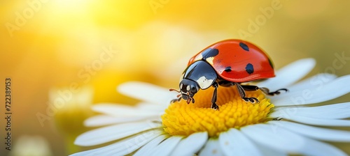 Ladybug on white flower  bright spring background with minimalistic abstract design and copy space