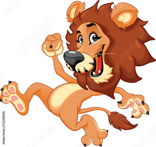 Funny smiling lion running. Vector cartoon isolated character with transparent background.
