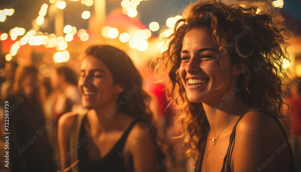 Young women having fun and laughing at a party or in a street pub. Holiday atmosphere with bokeh lights.
