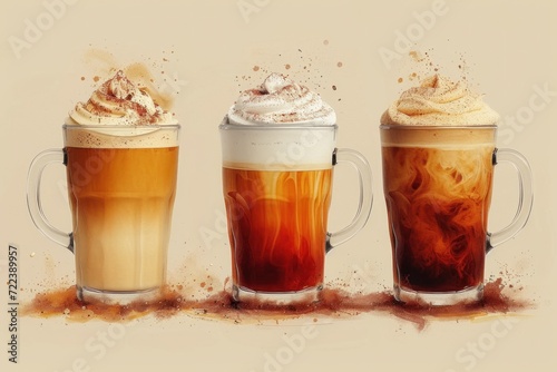 Watercolor coffee latte, hot chocolate with caramel, hand drawn, abstract background.