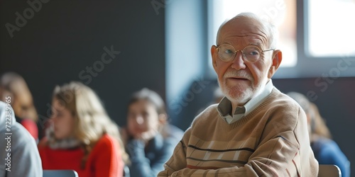 Elderly man attentively participating in a group discussion. candid classroom setting. lifelong learning and education concept. AI photo