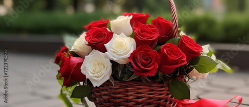 red rose bouquet gift in white basket, valentine's day ,symbol of love and releationship photo