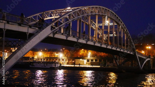 Reflexion lumière sur la surface d'eau, sur la Seine, la nuit, éclairage de lampadaires, ciel bleu foncé ou noir, beauté urbaine, effet photographique lumineux, pont historique, Paris, promenade 