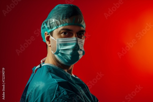 Surgeon in scrubs and surgical mask against a red background. Professional medical staff and healthcare concept. Design for banner, poster, advertising