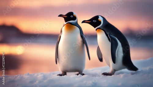 Serene sunset with two penguins on icy terrain