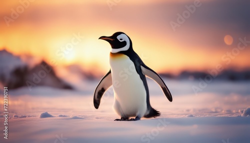 Majestic penguin at sunset in snowy landscape