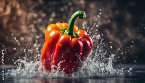 Fresh red bell pepper splashing in water