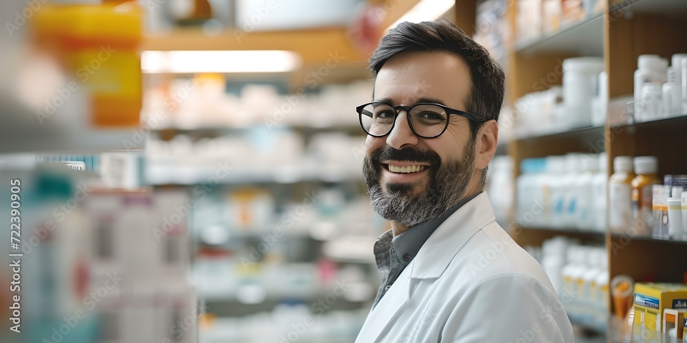 Obraz premium Confident male pharmacist smiling in modern drugstore. healthcare professional at work. friendly pharmacy staff member. blurred shelves of medication. AI
