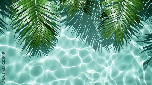Tropical palm leaf shadow on water, white sand beach, perfect for summer vacation banners. © Ilja