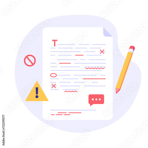 Editing document with text. Correcting grammar mistake with red marker. Teacher fix page text errors. Concept of proofread script, grammar edit, correcting mistake. Vector flat cartoon illustration