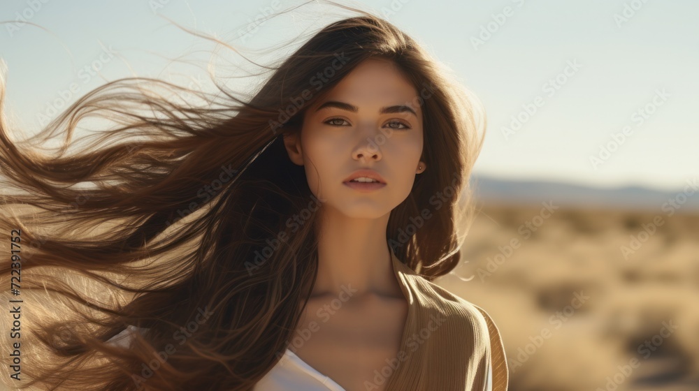 Stunning Woman with Flowing Brown Locks in the Breeze. Stunning Woman with Flowing Brown Locks in the Breeze.