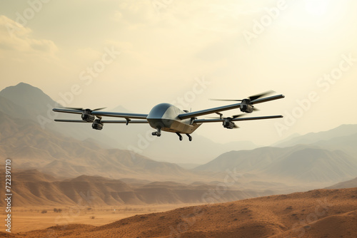 Automatic Drone for reconnaissance operation of enemy positions. Concept cyber technology robot in modern war