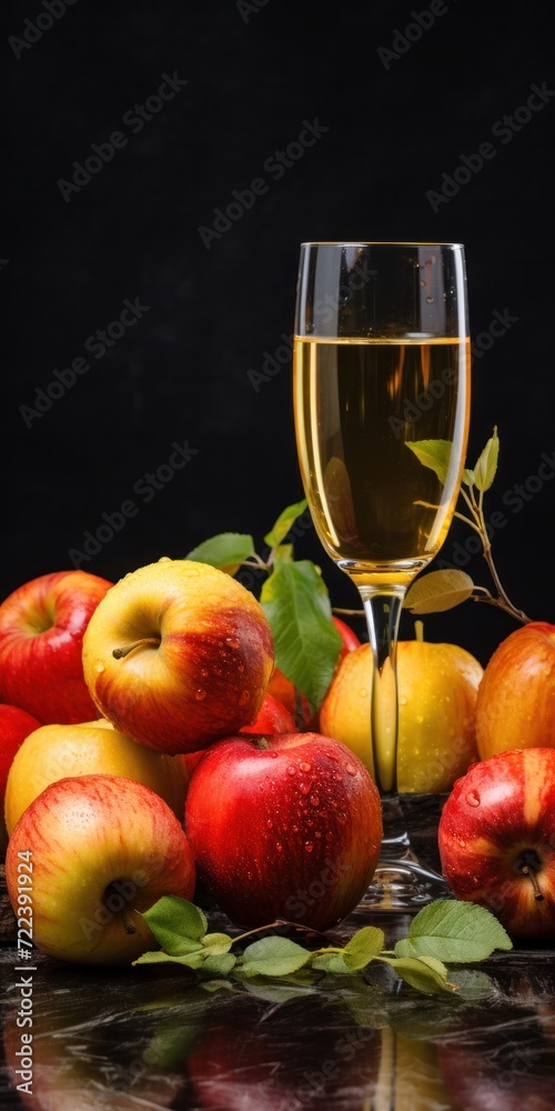 Vertical crop of apple cider in a cup alongside fresh ambrosia apples