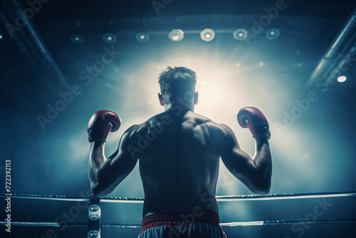 Boxer with raised gloves, ready to fight in illuminated ring, back view.
