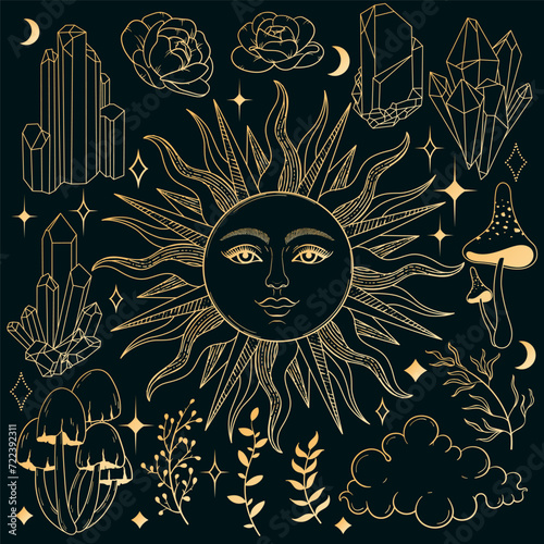 Crescent moon and sun face, clouds, magic crystal, flowers, mushrooms, stars. Isoteric vintage engraved vector set