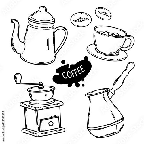 Coffee grinder mill, cezve, coffeepot, chocolate with marshmallow and other cofee shop barista stuff. Vector