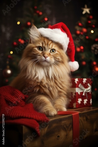 A festive cat wearing a Santa hat sits on a box. Generative AI.