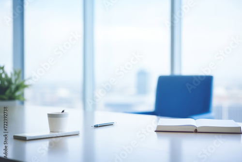 Open notebook with pen on polished boardroom table, empty office chairs behind blur background. Meeting for company banner concept.