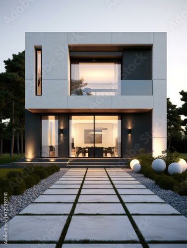 A modern house with a stone walkway and beautiful landscaping. Generative AI. © Natalia