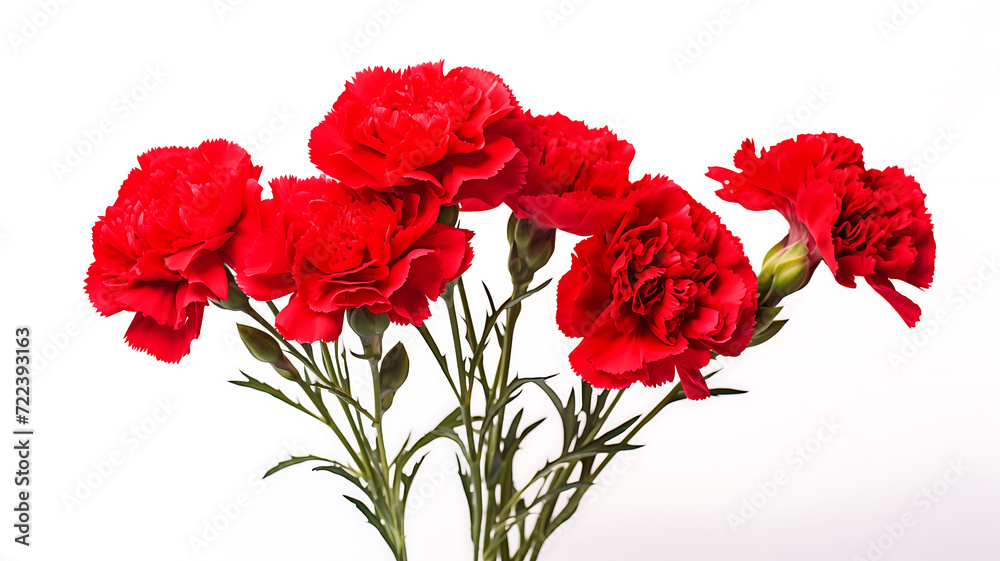 An assorted red carnation flowers isolated on white background An assorted red carnation flowers isolated on white background