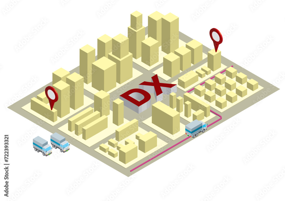 シンプルなモックアップで構成された街並み、物流DX、都市のアイソメトリックのイラスト　イエロー