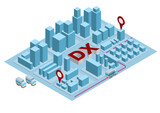 シンプルなモックアップで構成された街並み、物流DX、都市のアイソメトリックのイラスト　ブルー