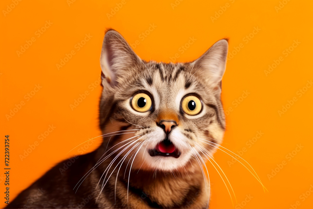 Funny surprised cat isolated on bright orange background. Studio portrait of a cat with amazed face.