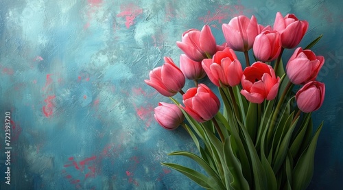 a bouquet of tulips on a blue painted background, in the style of rustic texture, dark pink and light emerald, decorative backgrounds, matte background 