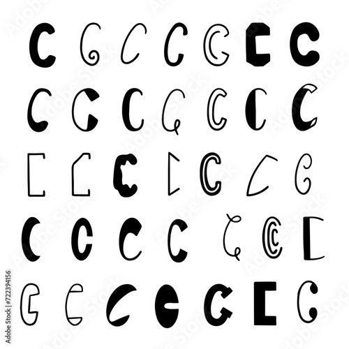 Set of letters C in different styles. Hand drawn lettering. Isolated on white background.