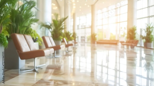 Serene blurred background of light filled modern office interior with floor to ceiling windows