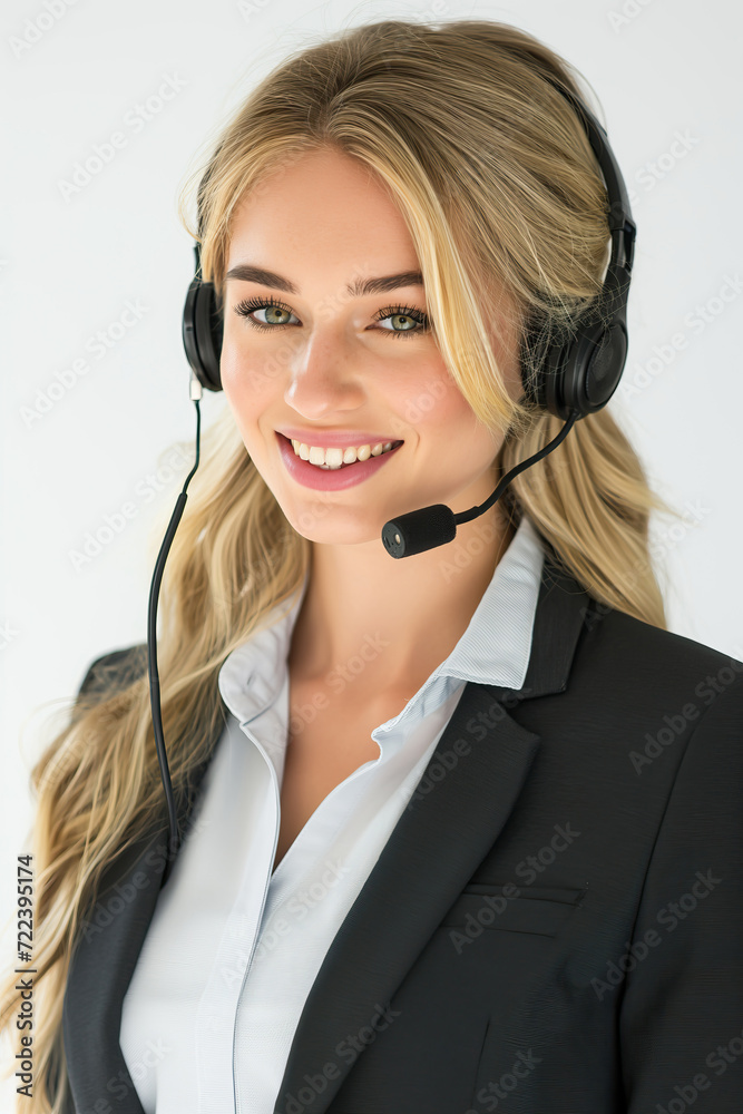 Helpdesk image of young beautiful blonde customer support woman smile while wearing wireless headset of headphones and microphone in call center, white background Helpdesk image of young beautiful blonde customer support woman smile while wearing wireless headset of headphones and microphone in call center, white background