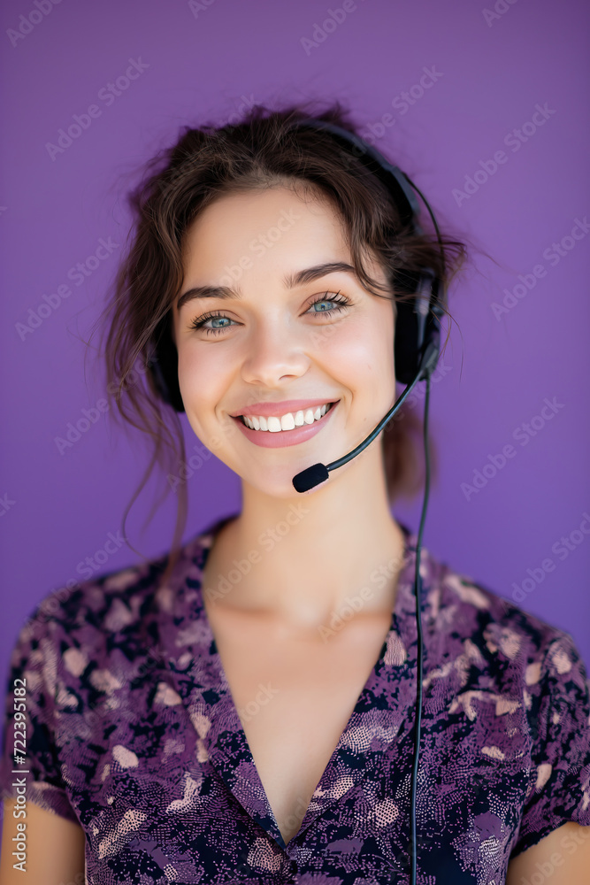 Helpdesk image of young beautiful brunette customer support woman smile while wearing wireless headset of headphones and microphone in call center, violet background Helpdesk image of young beautiful brunette customer support woman smile while wearing wireless headset of headphones and microphone in call center, violet background