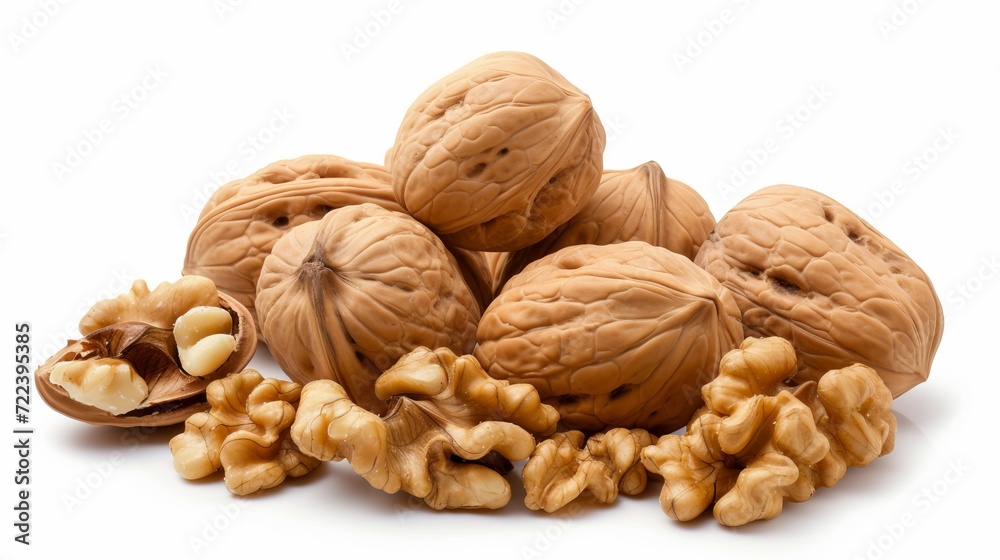 Whole walnuts with textured shells on white background for healthy eating concepts Whole walnuts with textured shells on white background for healthy eating concepts