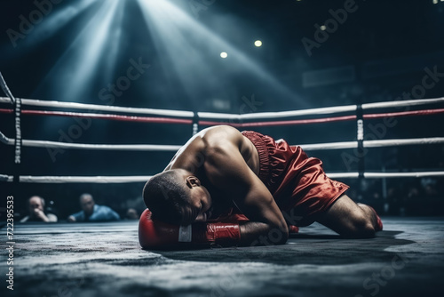 Defeated male boxer sitting on mat in ring, reflecting on loss photo