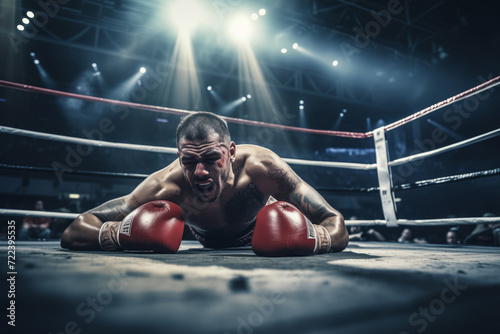 Defeated male boxer sitting on mat in ring, reflecting on loss