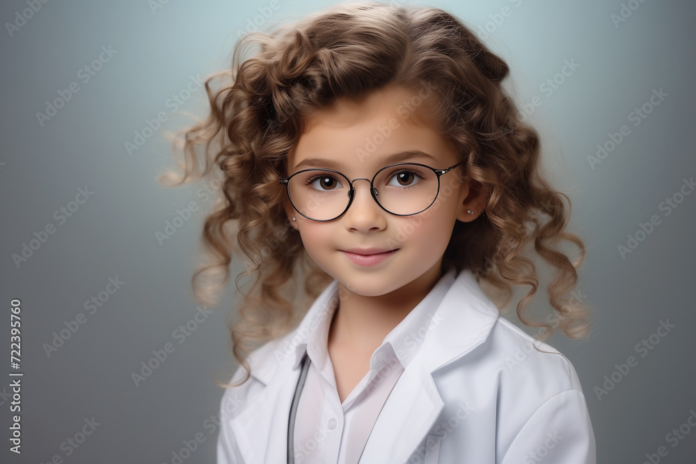 A little smiling girl in glasses dressed as a diligent doctor or an inquisitive scientist on a gray background A little smiling girl in glasses dressed as a diligent doctor or an inquisitive scientist on a gray background