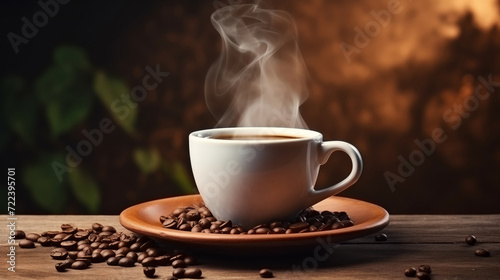 Banner steaming cup of coffee with scattered roasted beans, evoking warmth and aroma.