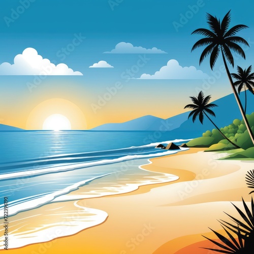 Illustration of tropical beach with palms  sea and blue sky. Generative AI