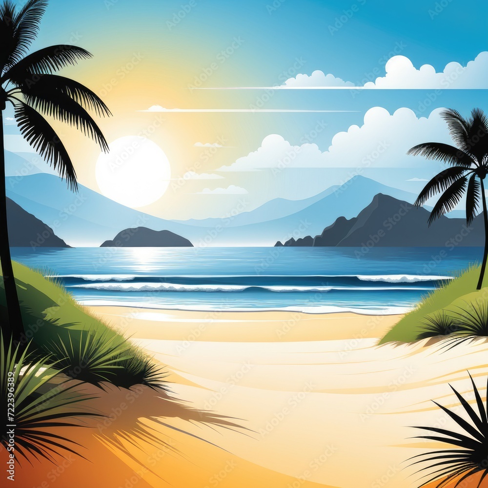 Fototapeta premium Illustration of tropical beach with palms, sea and blue sky. Generative AI