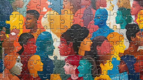  Multi colored puzzle faces with different people showing Diversity and inclusion, equity and belonging photo