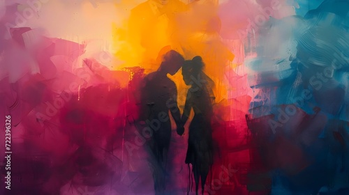 Silhouette of a Couple Embracing in Colorful Abstract Art