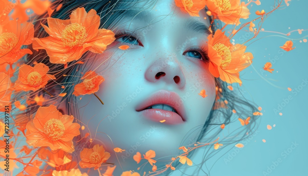 a female face with flowing flowers from her head, in the style of colorful, romantic scenery, poster, beautiful women, sky-blue and orange, shaped canvas, detailed character design 