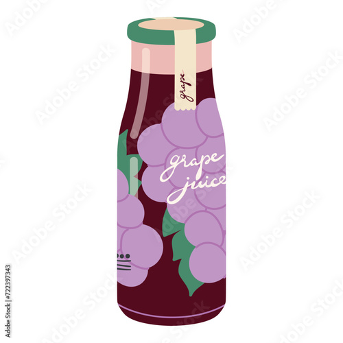 Grape juice drink in glass bottle concept. Grape juice beverage illustration in cartoon style. Organic summer refreshment. Flat vector illustration isolated on white background.