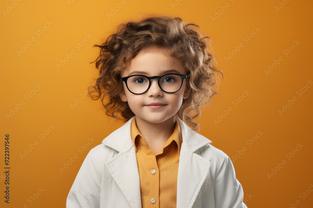 Little girl wearing glasses and a white laboratory coat as a doctor or scientist on an orange background