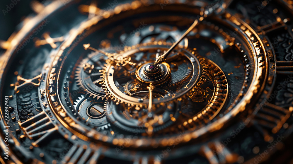  clock and time , clean black background showing universe is a vast clockwork mechanism, with time as its intricate gears