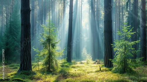 Magical spring forest with sun rays shining through the trees and beautiful nature background